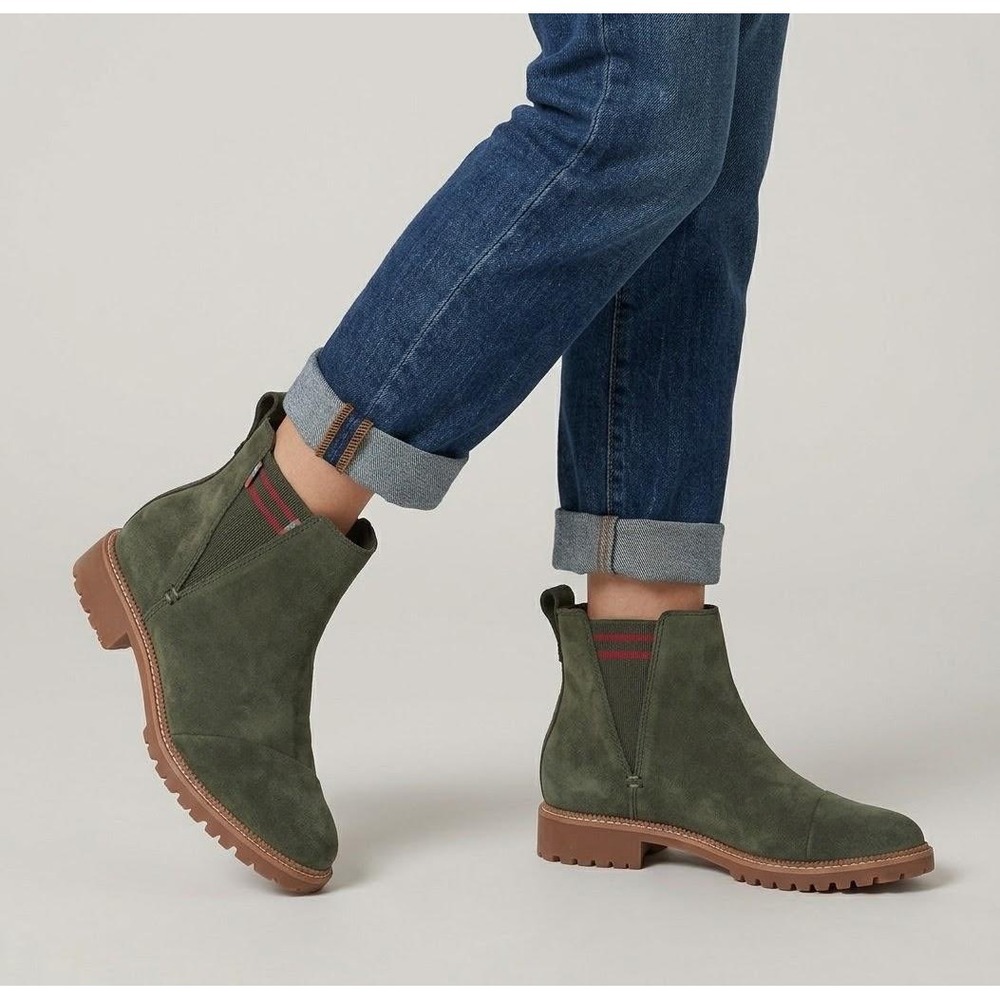 New TOMS Marina Ankle Boots Womens 6 Olive Green Suede Striped Elastic Lug Sole